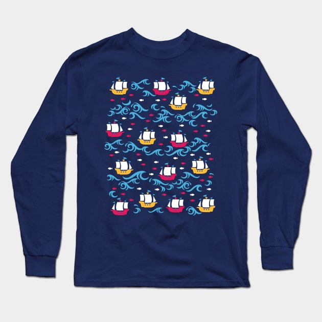 Colorful Sailing Marine Ship Adventure Long Sleeve T-Shirt by FlinArt